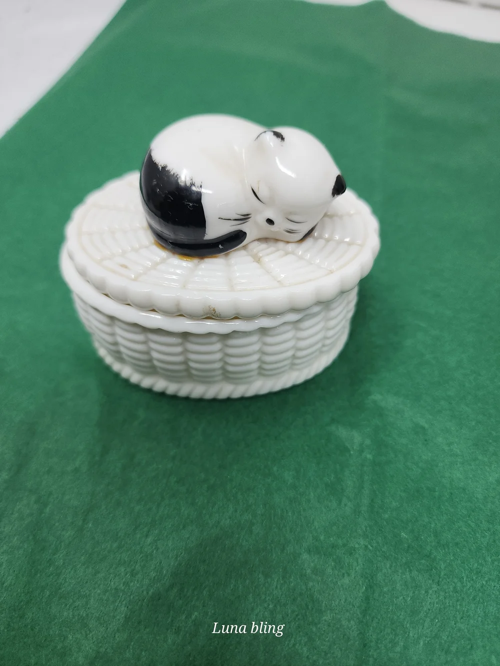 Ceramic Sleeping Cat Trinket Box - White and Black